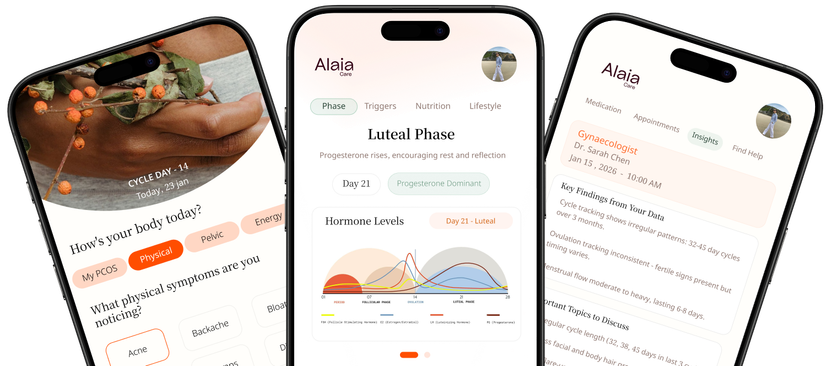 Josie PCOS symptom tracking app showing cycle view and daily check-in